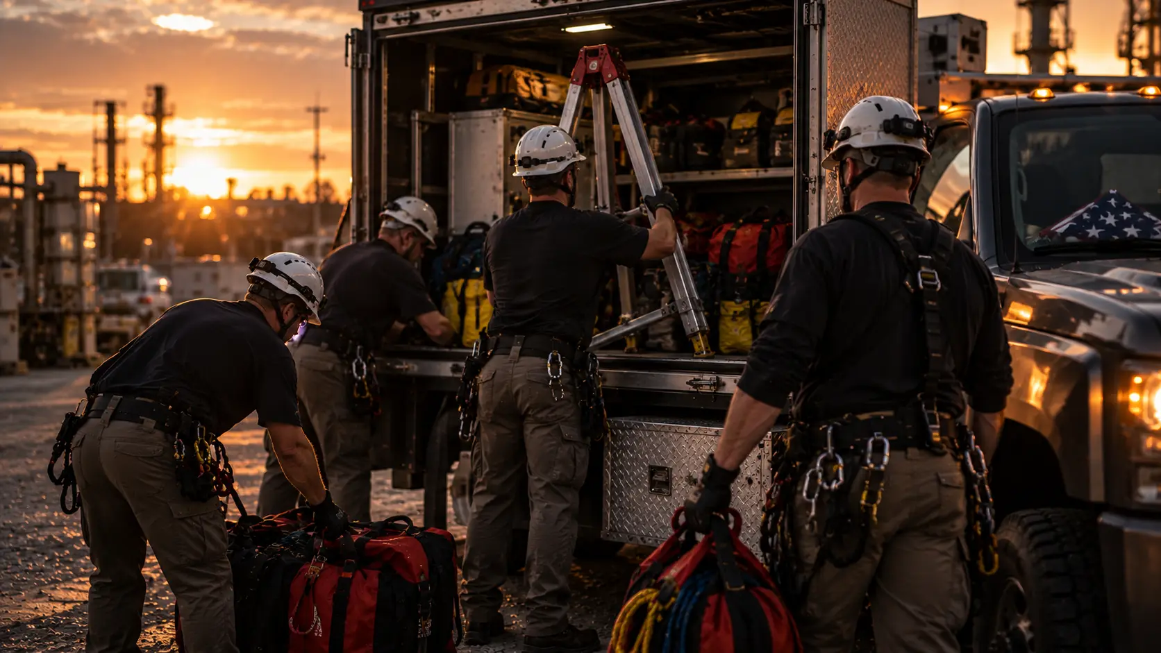 Rescue instructors loading rope bags and a tripod into an equipment truck