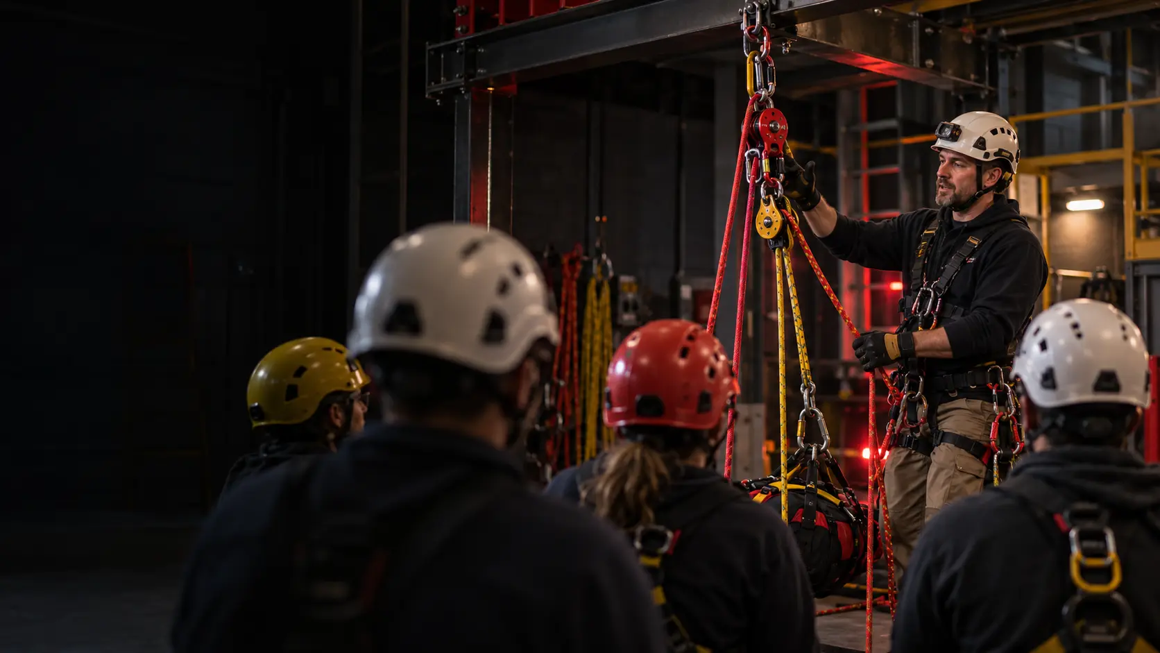 Instructor teaching a rope rescue pulley system to a class