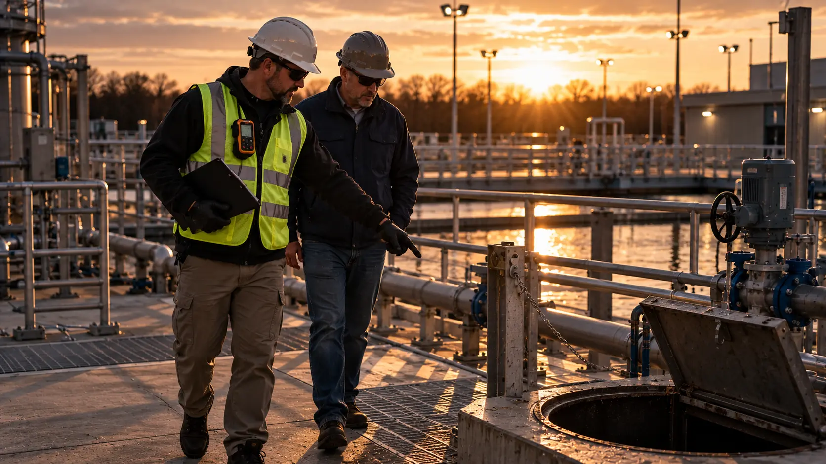 Safety consultant and facility manager inspecting a confined space hatch