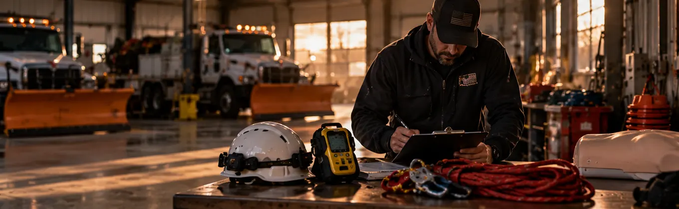Safety coordinator planning training at a workbench in a public works garage