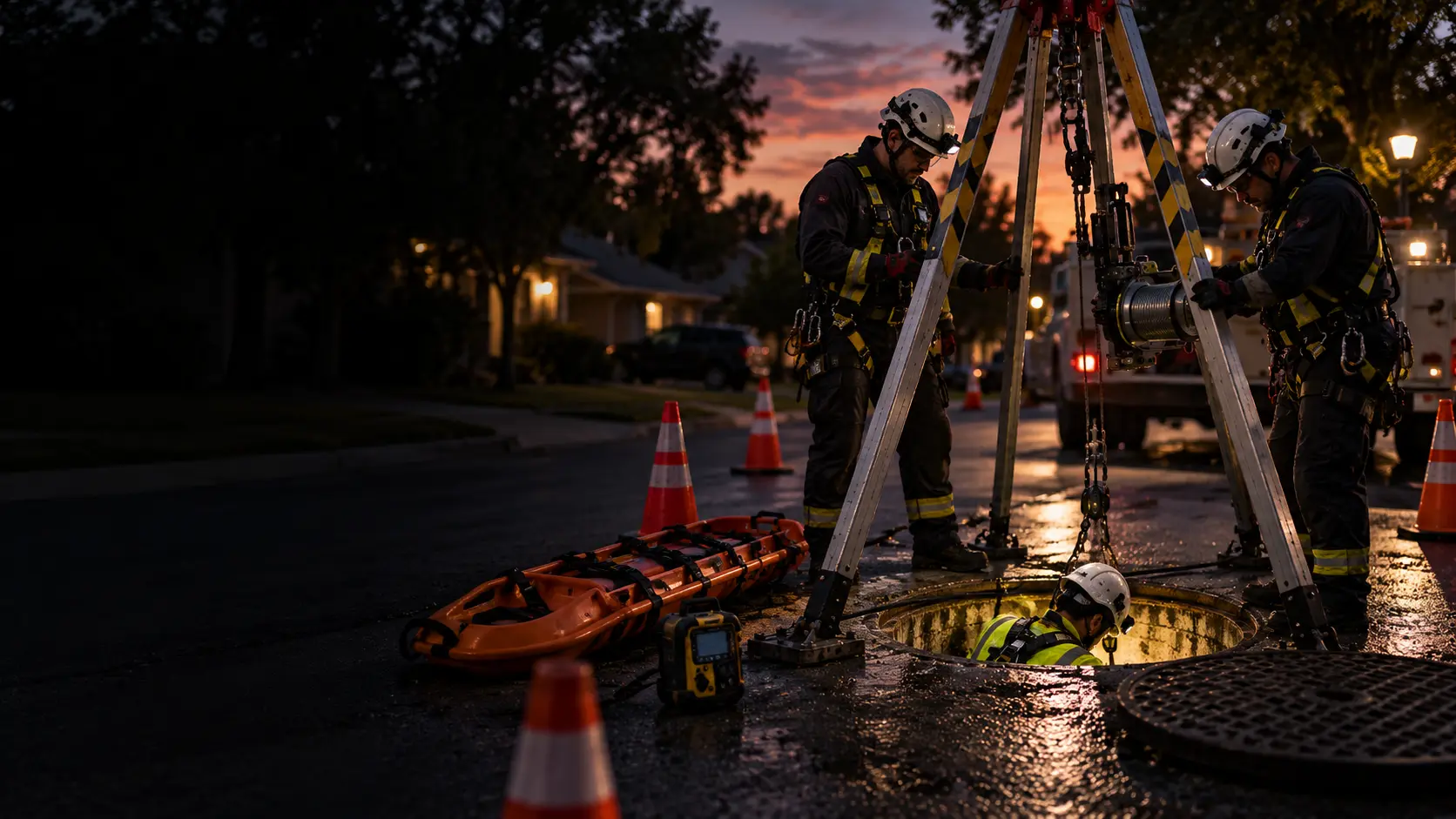 Standby rescue team ready at a tripod over a street manhole