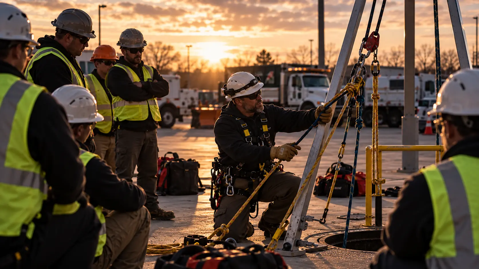 Instructor demonstrating rescue rigging to public works employees