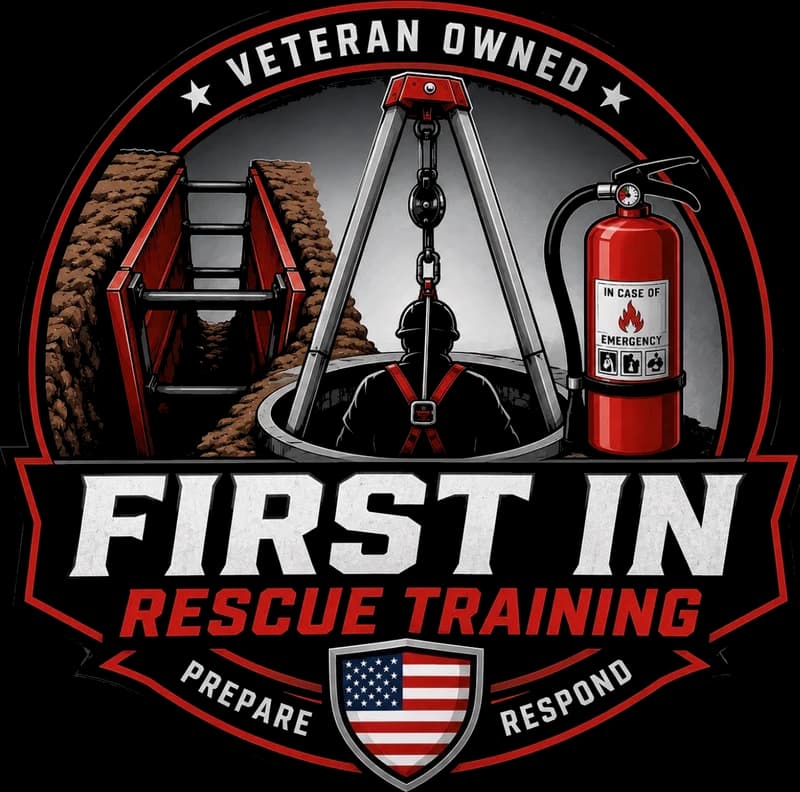 First In Rescue Training badge: Veteran Owned, Prepare, Respond