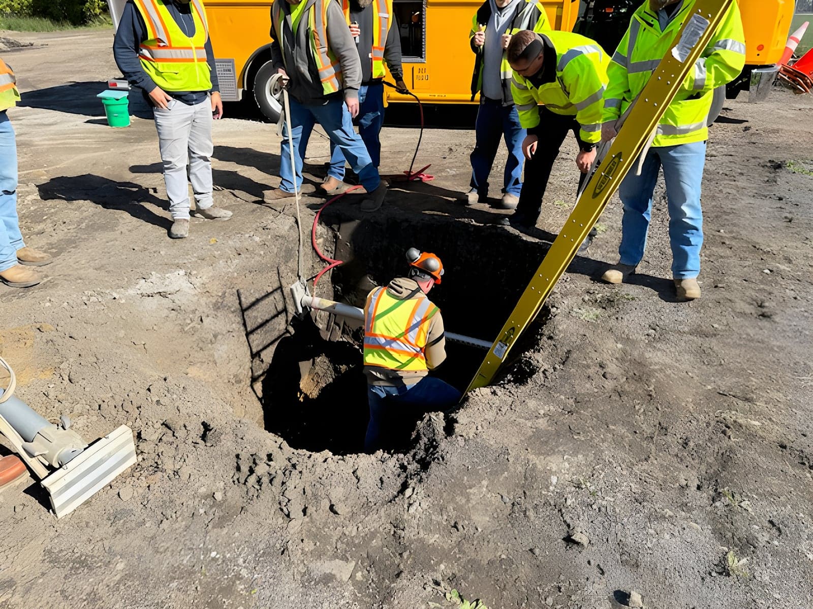 Rescuer working inside a shored trench during training